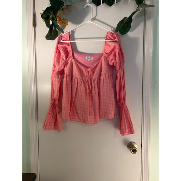 In the Style Tie Front Blouse Womens Size 8 Pink Boho Peasant Top Long Sleeve Sq - Picture 2 of 16